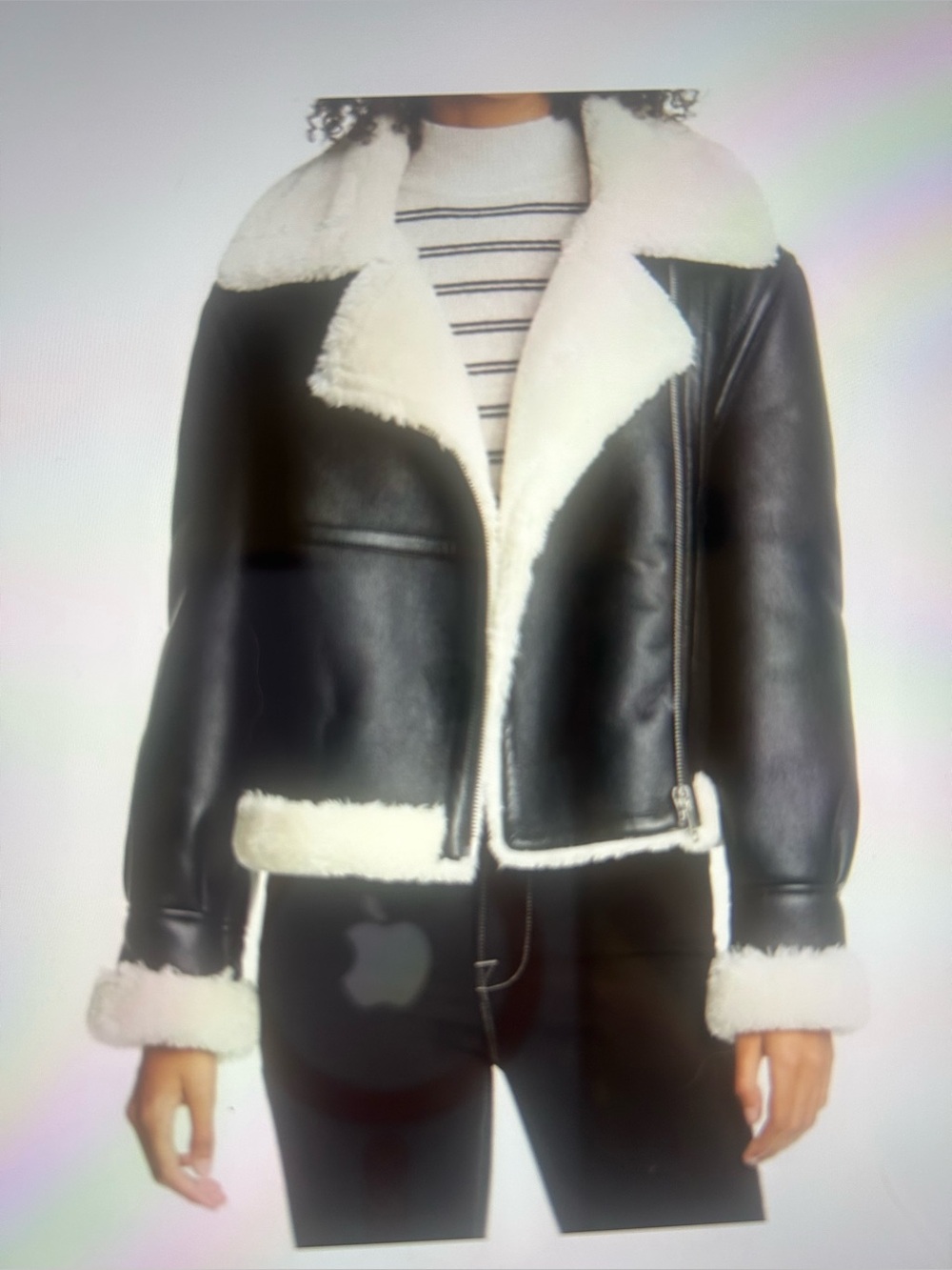 Frame Denim Black Bomber Jacket with Cream Shearling Trim